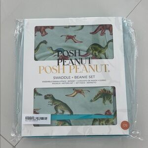 Posh Peanut Dino Swaddle and Beanie Set - Blue and Green